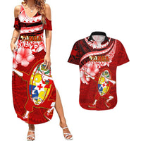 Custom Tonga Rugby Couples Matching Summer Maxi Dress and Hawaiian Shirt Ikale Tahi Tongan Ngatu Pattern With Dabbing Ball LT14 Red - Polynesian Pride