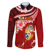 Custom Tonga Rugby Family Matching Tank Maxi Dress and Hawaiian Shirt Ikale Tahi Tongan Ngatu Pattern With Dabbing Ball LT14 Dad's Shirt - Long Sleeve Red - Polynesian Pride