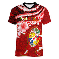 Custom Tonga Rugby Women V Neck T Shirt Ikale Tahi Tongan Ngatu Pattern With Dabbing Ball LT14 Female Red - Polynesian Pride
