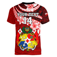 Custom Tonga Rugby Women V Neck T Shirt Ikale Tahi Tongan Ngatu Pattern With Dabbing Ball LT14 - Polynesian Pride