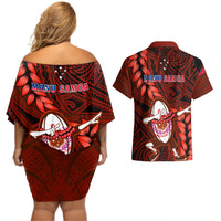Samoa Rugby Couples Matching Off Shoulder Short Dress and Hawaiian Shirt Manu Samoa Ula Fala Dabbing Ball Polynesian Red Version LT14 - Polynesian Pride