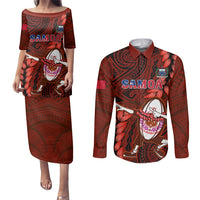 Samoa Rugby Couples Matching Puletasi Dress and Long Sleeve Button Shirts Manu Samoa Ula Fala Dabbing Ball Polynesian Red Version LT14 Red - Polynesian Pride
