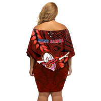 Samoa Rugby Off Shoulder Short Dress Manu Samoa Ula Fala Dabbing Ball Polynesian Red Version LT14 - Polynesian Pride