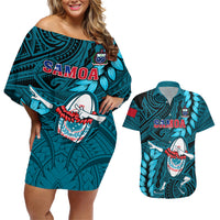 Samoa Rugby Couples Matching Off Shoulder Short Dress and Hawaiian Shirt Manu Samoa Ula Fala Dabbing Ball Polynesian Turquoise Version LT14 Turquoise - Polynesian Pride