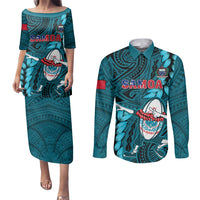 Samoa Rugby Couples Matching Puletasi Dress and Long Sleeve Button Shirts Manu Samoa Ula Fala Dabbing Ball Polynesian Turquoise Version LT14 Turquoise - Polynesian Pride