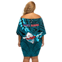 Samoa Rugby Off Shoulder Short Dress Manu Samoa Ula Fala Dabbing Ball Polynesian Turquoise Version LT14 - Polynesian Pride