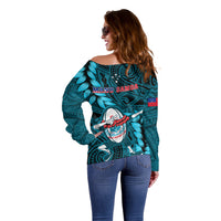 Samoa Rugby Off Shoulder Sweater Manu Samoa Ula Fala Dabbing Ball Polynesian Turquoise Version LT14 - Polynesian Pride