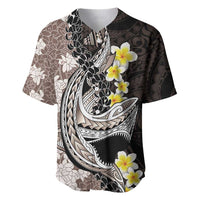 Brown and Black Hawaii Shark Tattoo Baseball Jersey Puakenikeni Lei Plumeria Polynesian Pattern - Polynesian Pride