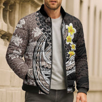Brown and Black Hawaii Shark Tattoo Bomber Puffer Jacket Puakenikeni Lei Plumeria Polynesian Pattern - Polynesian Pride