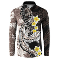 Brown and Black Hawaii Shark Tattoo Button Sweatshirt Puakenikeni Lei Plumeria Polynesian Pattern LT14 Black - Polynesian Pride