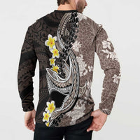Brown and Black Hawaii Shark Tattoo Button Sweatshirt Puakenikeni Lei Plumeria Polynesian Pattern LT14 - Polynesian Pride