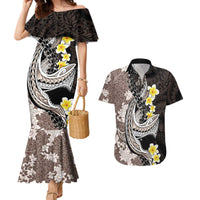 Brown and Black Hawaii Shark Tattoo Couples Matching Mermaid Dress and Hawaiian Shirt Puakenikeni Lei Plumeria Polynesian Pattern - Polynesian Pride