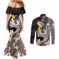 Brown and Black Hawaii Shark Tattoo Couples Matching Mermaid Dress and Long Sleeve Button Shirt Puakenikeni Lei Plumeria Polynesian Pattern - Polynesian Pride