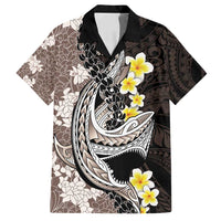 Brown and Black Hawaii Shark Tattoo Family Matching Long Sleeve Bodycon Dress and Hawaiian Shirt Puakenikeni Lei Plumeria Polynesian Pattern - Polynesian Pride