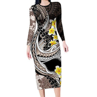 Brown and Black Hawaii Shark Tattoo Family Matching Long Sleeve Bodycon Dress and Hawaiian Shirt Puakenikeni Lei Plumeria Polynesian Pattern - Polynesian Pride