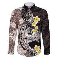 Brown and Black Hawaii Shark Tattoo Family Matching Puletasi and Hawaiian Shirt Puakenikeni Lei Plumeria Polynesian Pattern - Polynesian Pride