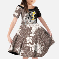 Brown and Black Hawaii Shark Tattoo Family Matching Short Sleeve Bodycon Dress and Hawaiian Shirt Puakenikeni Lei Plumeria Polynesian Pattern - Polynesian Pride