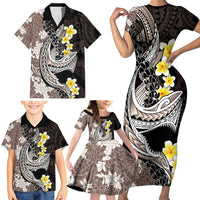 Brown and Black Hawaii Shark Tattoo Family Matching Short Sleeve Bodycon Dress and Hawaiian Shirt Puakenikeni Lei Plumeria Polynesian Pattern - Polynesian Pride