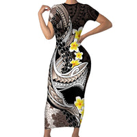 Brown and Black Hawaii Shark Tattoo Family Matching Short Sleeve Bodycon Dress and Hawaiian Shirt Puakenikeni Lei Plumeria Polynesian Pattern - Polynesian Pride