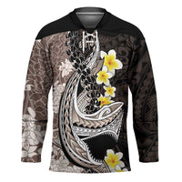 Brown and Black Hawaii Shark Tattoo Hockey Jersey Puakenikeni Lei Plumeria Polynesian Pattern LT14 Unisex Black - Polynesian Pride