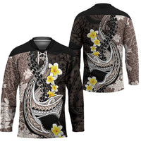 Brown and Black Hawaii Shark Tattoo Hockey Jersey Puakenikeni Lei Plumeria Polynesian Pattern LT14 - Polynesian Pride