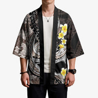 Brown and Black Hawaii Shark Tattoo Kimono Puakenikeni Lei Plumeria Polynesian Pattern - Polynesian Pride