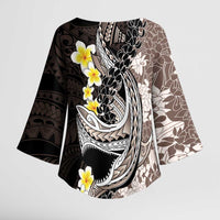 Brown and Black Hawaii Shark Tattoo Kimono Sleeve Blouse Puakenikeni Lei Plumeria Polynesian Pattern - Polynesian Pride