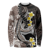 Brown and Black Hawaii Shark Tattoo Long Sleeve Shirt Puakenikeni Lei Plumeria Polynesian Pattern LT14 Unisex Black - Polynesian Pride