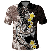 Brown and Black Hawaii Shark Tattoo Polo Shirt Puakenikeni Lei Plumeria Polynesian Pattern - Polynesian Pride