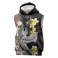 Brown and Black Hawaii Shark Tattoo Sleeveless Hoodie Puakenikeni Lei Plumeria Polynesian Pattern - Polynesian Pride