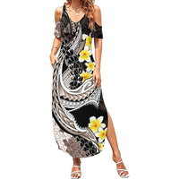 Brown and Black Hawaii Shark Tattoo Summer Maxi Dress Puakenikeni Lei Plumeria Polynesian Pattern - Polynesian Pride