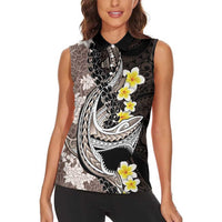 Brown and Black Hawaii Shark Tattoo Women Sleeveless Polo Shirt Puakenikeni Lei Plumeria Polynesian Pattern - Polynesian Pride