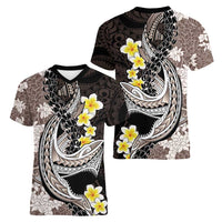 Brown and Black Hawaii Shark Tattoo Women V-Neck T-Shirt Puakenikeni Lei Plumeria Polynesian Pattern - Polynesian Pride