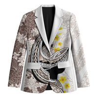 Brown and White Hawaii Shark Tattoo Blazer Puakenikeni Lei Plumeria Polynesian Pattern LT14 Unisex White - Polynesian Pride