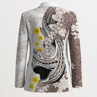Brown and White Hawaii Shark Tattoo Blazer Puakenikeni Lei Plumeria Polynesian Pattern LT14 - Polynesian Pride