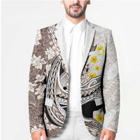 Brown and White Hawaii Shark Tattoo Blazer Puakenikeni Lei Plumeria Polynesian Pattern LT14 - Polynesian Pride