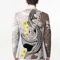 Brown and White Hawaii Shark Tattoo Blazer Puakenikeni Lei Plumeria Polynesian Pattern LT14 - Polynesian Pride