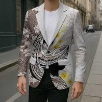 Brown and White Hawaii Shark Tattoo Blazer Puakenikeni Lei Plumeria Polynesian Pattern LT14 - Polynesian Pride