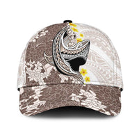 Brown and White Hawaii Shark Tattoo Classic Cap Puakenikeni Lei Plumeria Polynesian Pattern LT14 Universal Fit White - Polynesian Pride