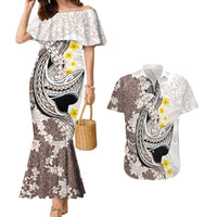 Brown and White Hawaii Shark Tattoo Couples Matching Mermaid Dress and Hawaiian Shirt Puakenikeni Lei Plumeria Polynesian Pattern - Polynesian Pride
