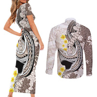 Brown and White Hawaii Shark Tattoo Couples Matching Short Sleeve Bodycon Dress and Long Sleeve Button Shirt Puakenikeni Lei Plumeria Polynesian Pattern - Polynesian Pride