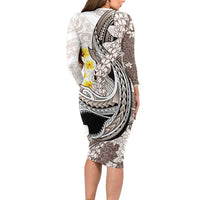 Brown and White Hawaii Shark Tattoo Family Matching Long Sleeve Bodycon Dress and Hawaiian Shirt Puakenikeni Lei Plumeria Polynesian Pattern - Polynesian Pride