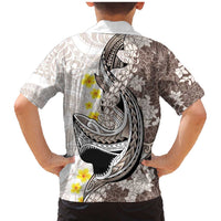 Brown and White Hawaii Shark Tattoo Family Matching Mermaid Dress and Hawaiian Shirt Puakenikeni Lei Plumeria Polynesian Pattern - Polynesian Pride