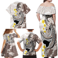 Brown and White Hawaii Shark Tattoo Family Matching Off Shoulder Maxi Dress and Hawaiian Shirt Puakenikeni Lei Plumeria Polynesian Pattern - Polynesian Pride