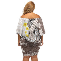 Brown and White Hawaii Shark Tattoo Family Matching Off Shoulder Short Dress and Hawaiian Shirt Puakenikeni Lei Plumeria Polynesian Pattern - Polynesian Pride