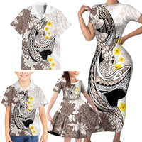 Brown and White Hawaii Shark Tattoo Family Matching Short Sleeve Bodycon Dress and Hawaiian Shirt Puakenikeni Lei Plumeria Polynesian Pattern - Polynesian Pride