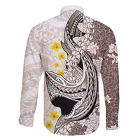 Brown and White Hawaii Shark Tattoo Family Matching Short Sleeve Bodycon Dress and Hawaiian Shirt Puakenikeni Lei Plumeria Polynesian Pattern - Polynesian Pride