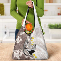 Brown and White Hawaii Shark Tattoo Grocery Bag Puakenikeni Lei Plumeria Polynesian Pattern - Polynesian Pride