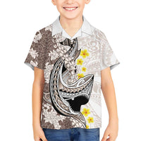Brown and White Hawaii Shark Tattoo Kid Hawaiian Shirt Puakenikeni Lei Plumeria Polynesian Pattern - Polynesian Pride