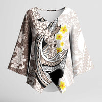 Brown and White Hawaii Shark Tattoo Kimono Sleeve Blouse Puakenikeni Lei Plumeria Polynesian Pattern LT14 Female White - Polynesian Pride